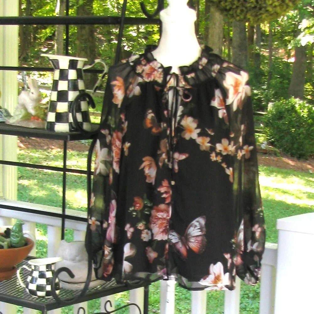 Joie black floral butterfly top shirt blouse Large polyester soft luxury style - Picture 1 of 8